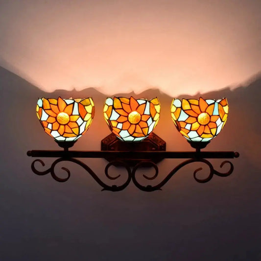 3 Light Wall Fixture Sconce with Sunflower Tiffany Stained Glass Lampshade Classical Tiffany Lamp
