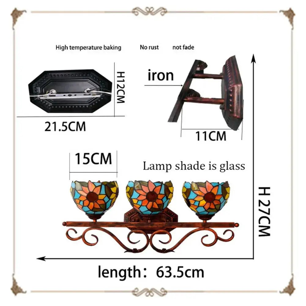 3 Light Wall Fixture Sconce with Sunflower Tiffany Stained Glass Lampshade Classical Tiffany Lamp
