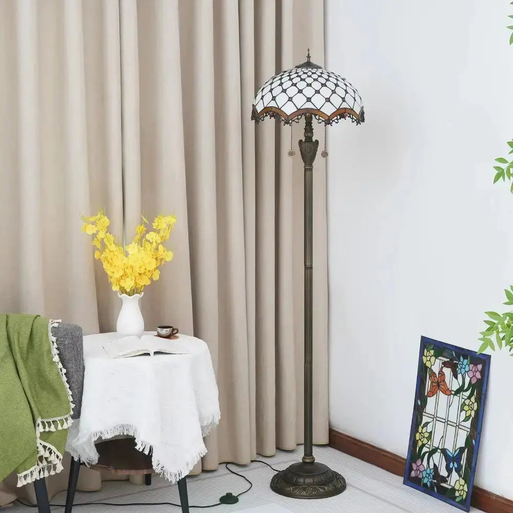 Dia40cm Art White Bead Lampshade Tiffany Stained Glass Floor Lamp Classical Tiffany Lamp
