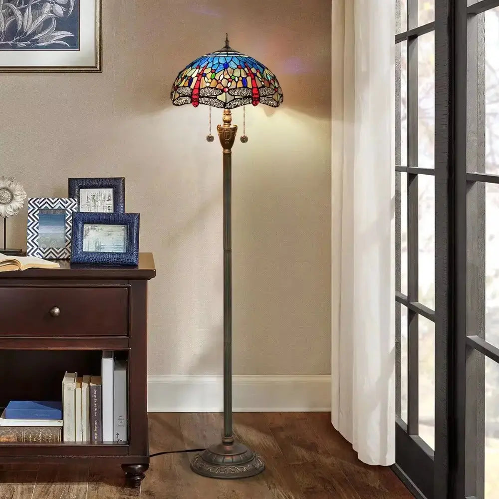 Dia40cm Stained Glass Blue Art Lampshade Tiffany Style Dragonfly Floor Lamp Classical Tiffany Lamp