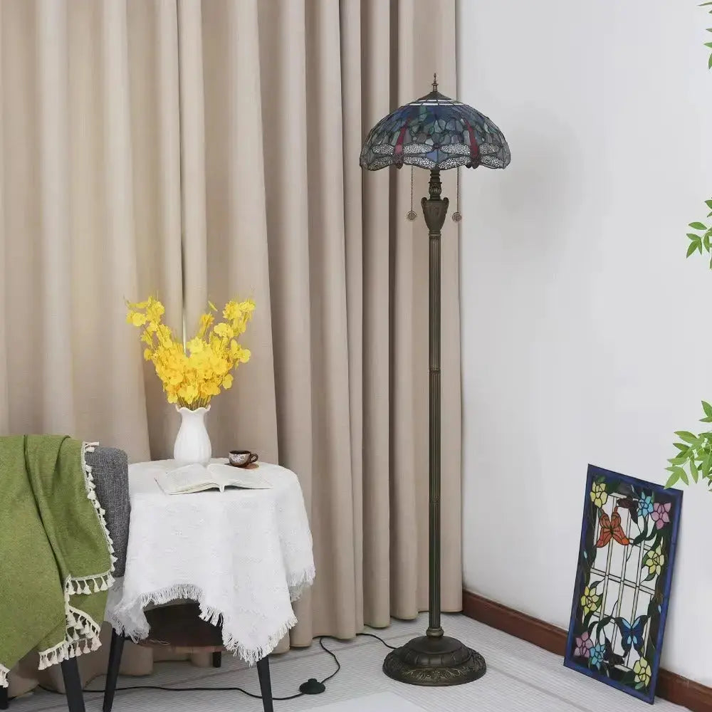 Dia40cm Stained Glass Blue Art Lampshade Tiffany Style Dragonfly Floor Lamp Classical Tiffany Lamp
