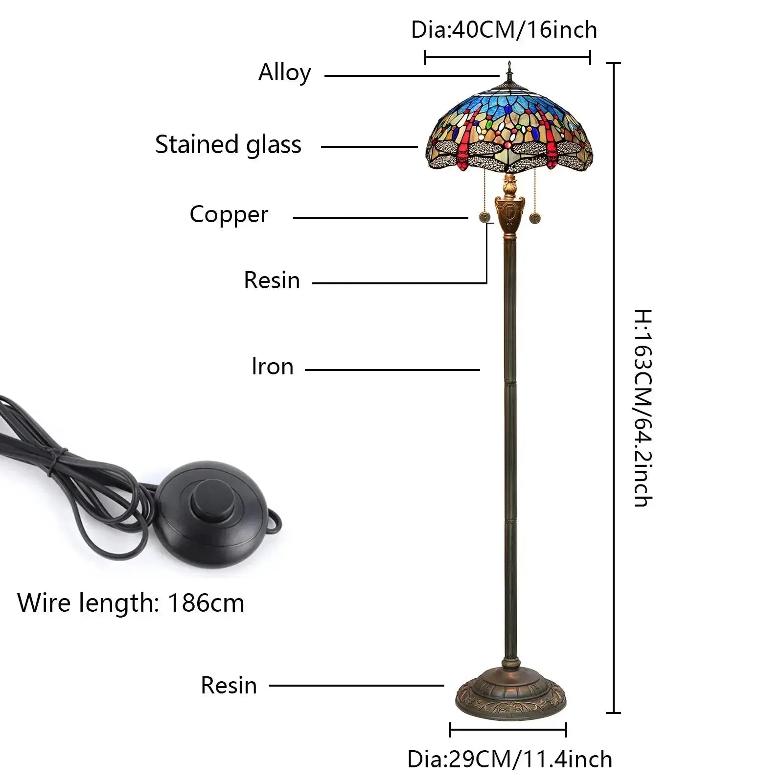 Dia40cm Stained Glass Blue Art Lampshade Tiffany Style Dragonfly Floor Lamp Classical Tiffany Lamp