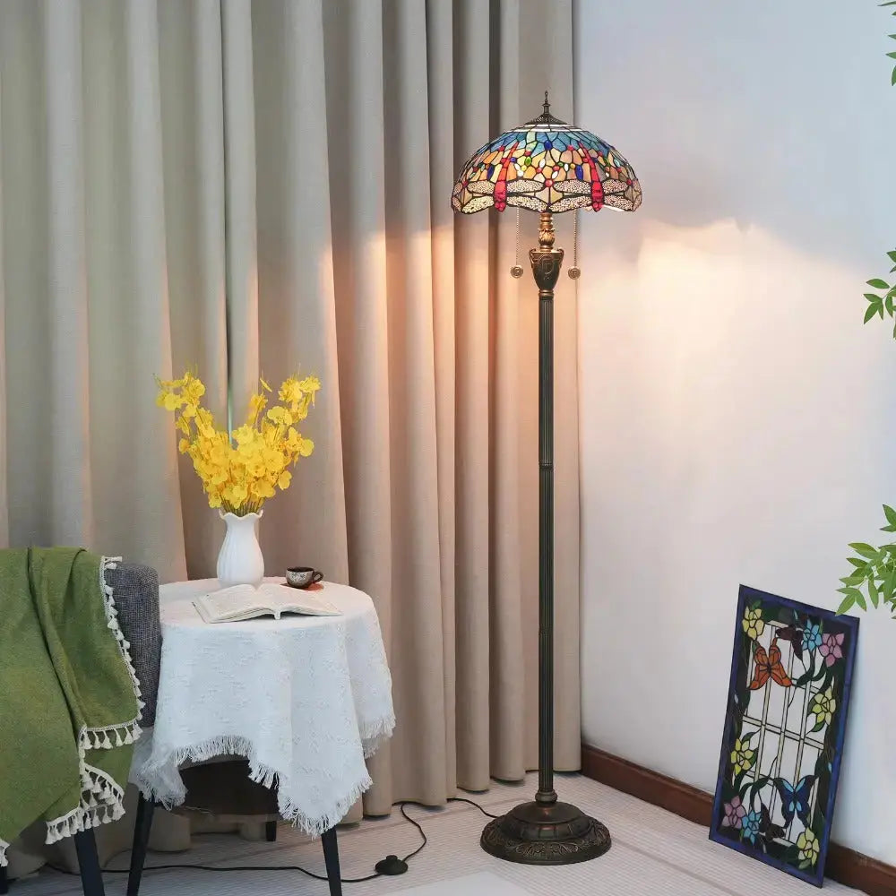 Dia40cm Stained Glass Blue Lampshade Tiffany Dragonfly Floor Lamp Classical Tiffany Lamp