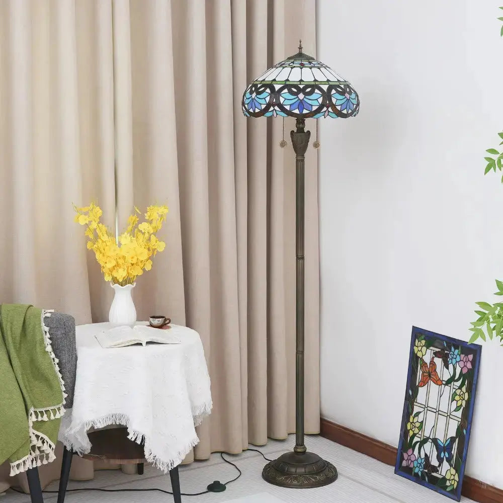 Dia40cm Stained Glass Blue Love Lampshade Handmade Vintage Tiffany Floor Lamp Classical Tiffany Lamp
