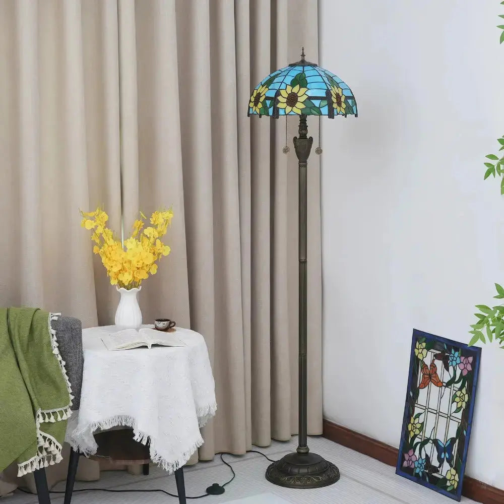 Dia40cm Stained Glass Floor Lamp Blue Sunflower Lampshade Tiffany Standard Lamp Classical Tiffany Lamp