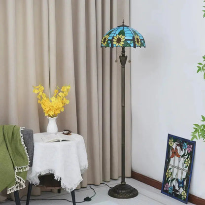 Dia40cm Stained Glass Floor Lamp Blue Sunflower Lampshade Tiffany Standard Lamp Classical Tiffany Lamp