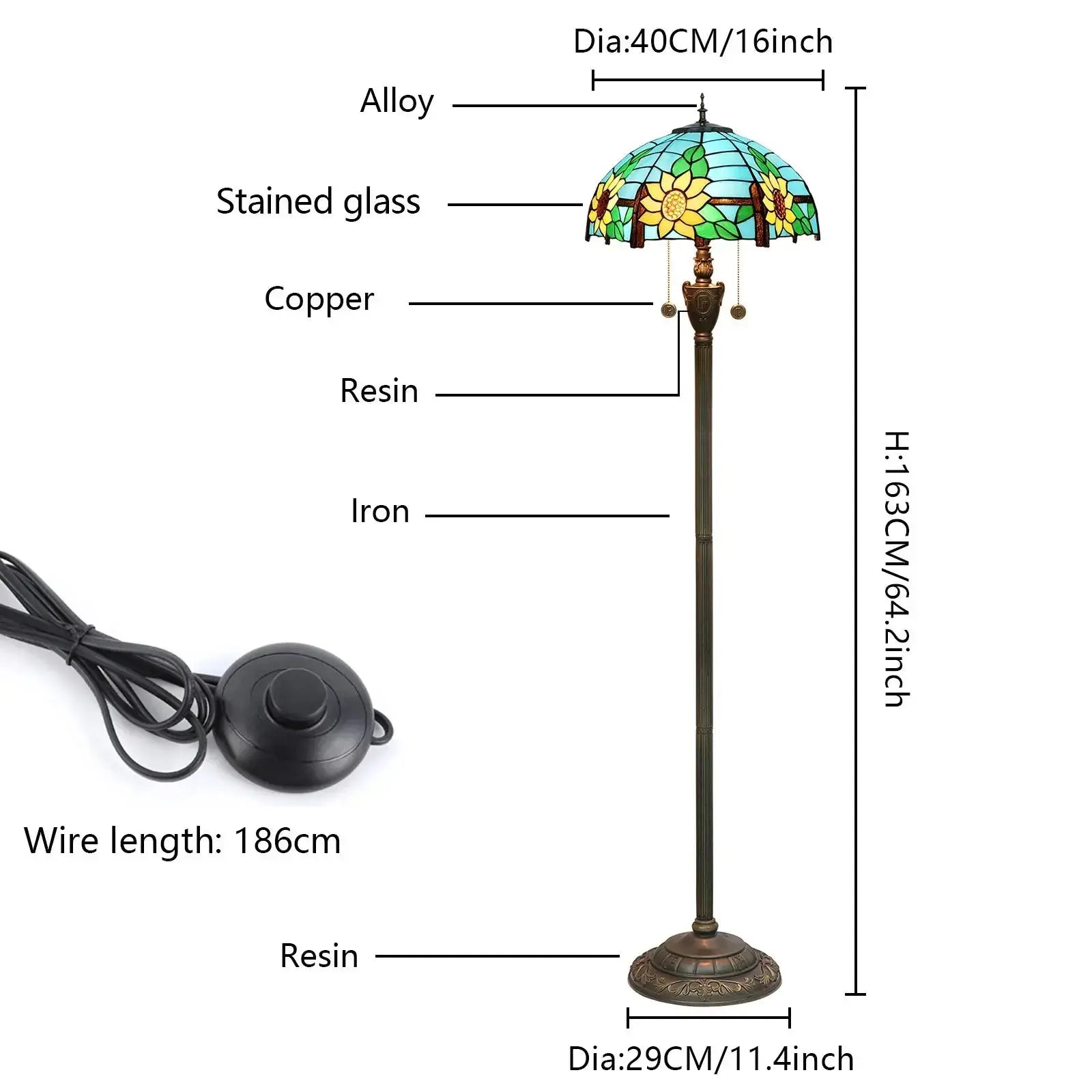 Dia40cm Stained Glass Floor Lamp Blue Sunflower Lampshade Tiffany Standard Lamp Classical Tiffany Lamp