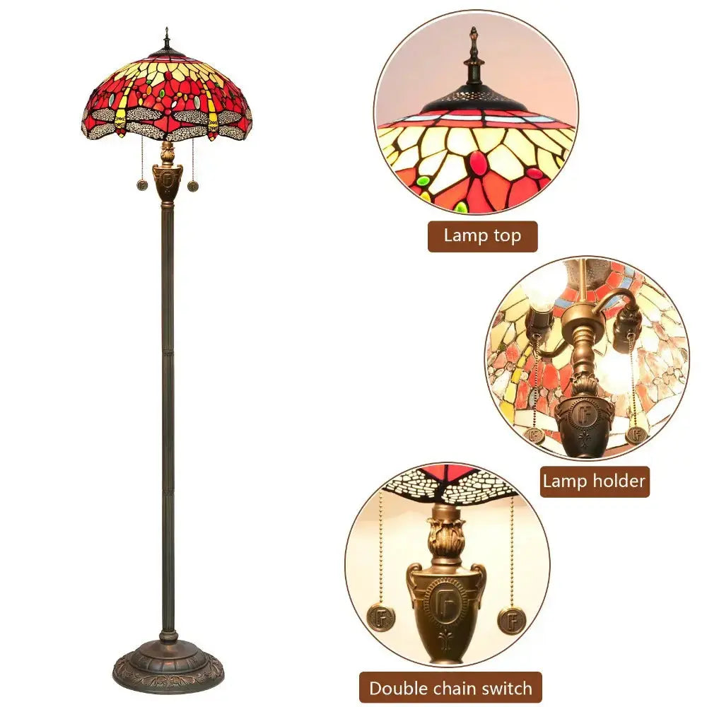 Dia40cm Stained Glass Red Dragonfly Art Lampshade Luxury Tiffany Standing Lamp Classical Tiffany Lamp
