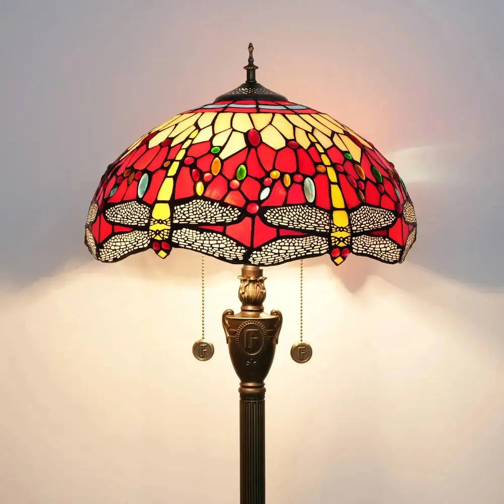 Dia40cm Stained Glass Red Dragonfly Art Lampshade Luxury Tiffany Standing Lamp Classical Tiffany Lamp