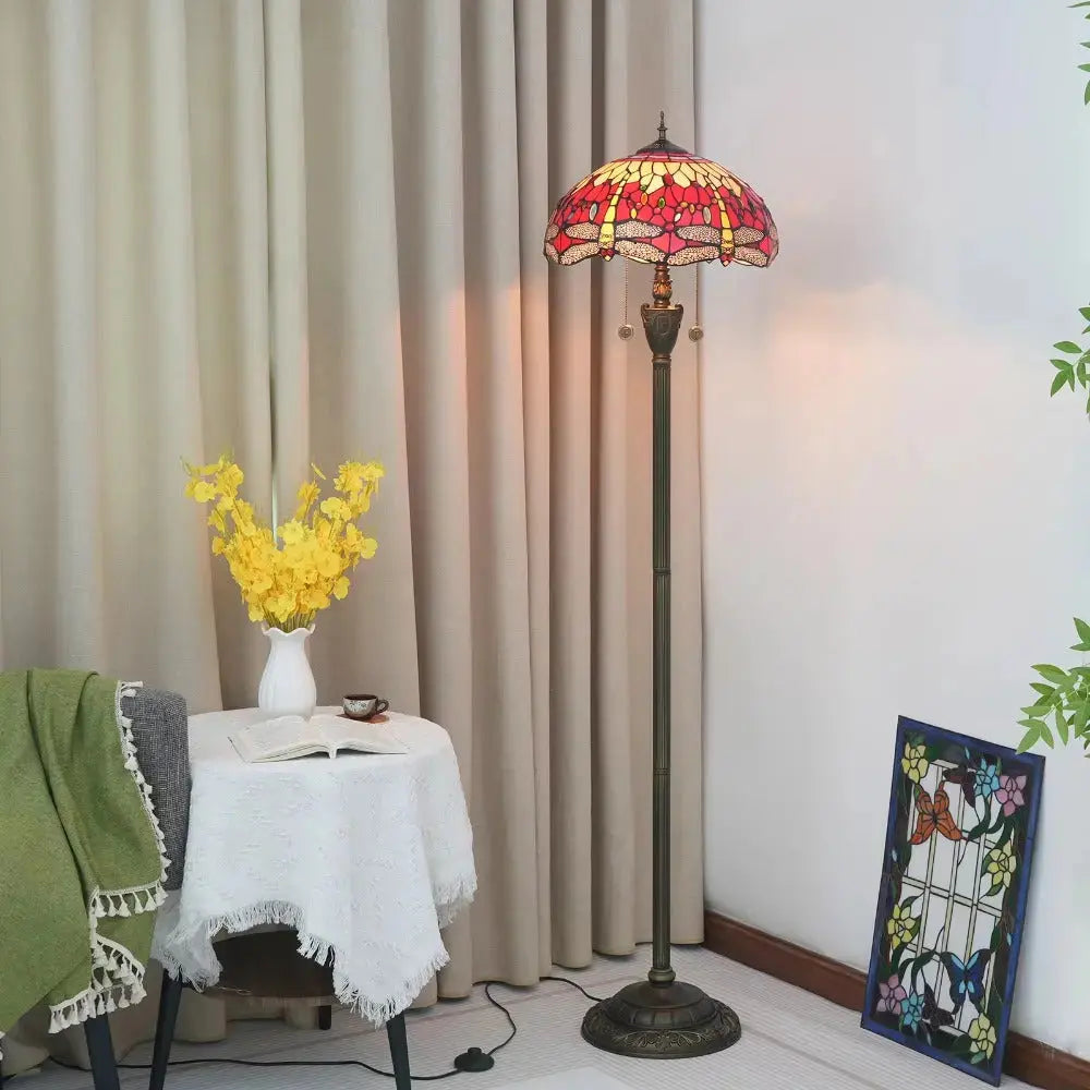 Dia40cm Stained Glass Red Dragonfly Art Lampshade Luxury Tiffany Standing Lamp Classical Tiffany Lamp