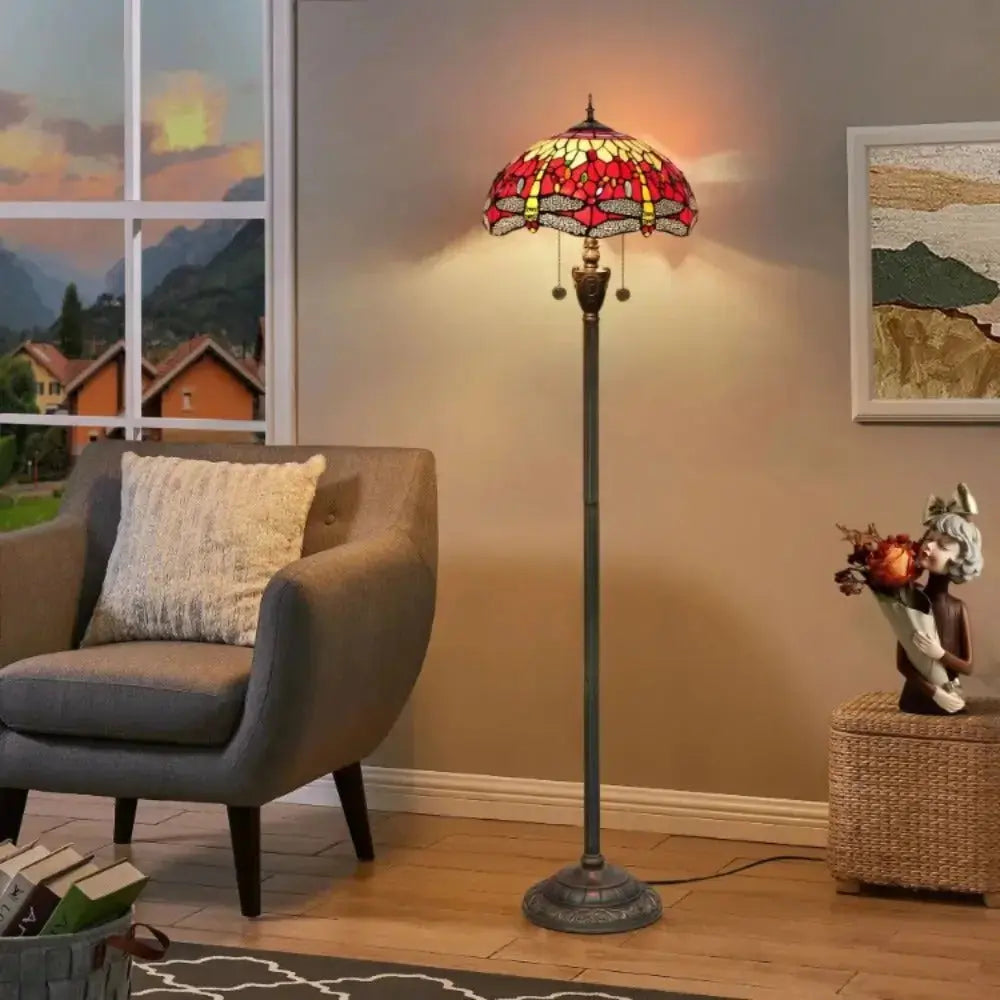 Dia40cm Stained Glass Red Dragonfly Art Lampshade Luxury Tiffany Standing Lamp Classical Tiffany Lamp