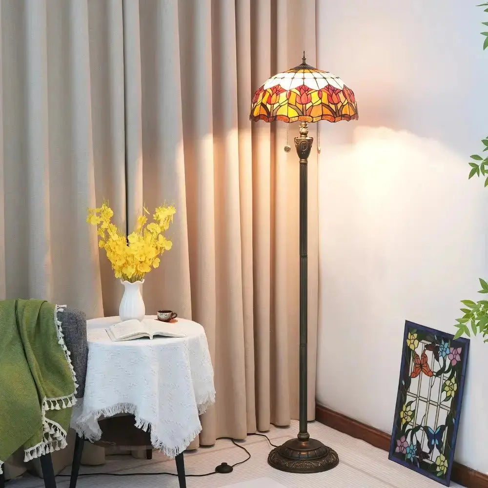 Dia40cm Red Tulip Art Lampshade Tiffany Stained Glass Floor Lamp Classical Tiffany Lamp