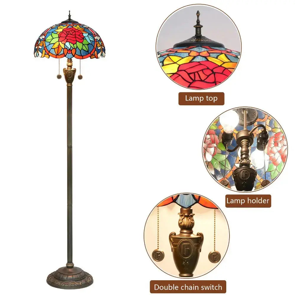 Dia40cm Tiffany Floor Lamps Antique Stained Glass Red Rose Lampshade Vintage Light Classical Tiffany Lamp