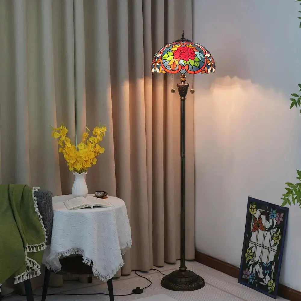 Dia40cm Tiffany Floor Lamps Antique Stained Glass Red Rose Lampshade Vintage Light Classical Tiffany Lamp