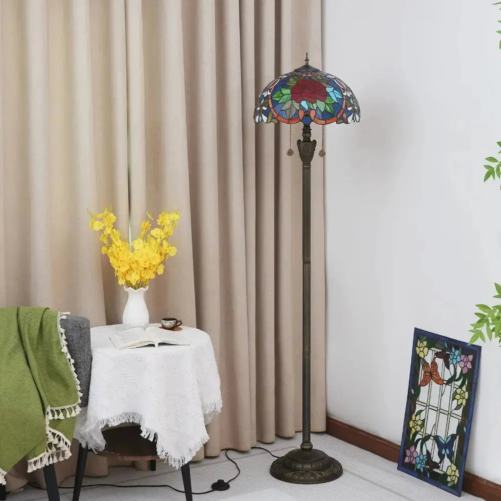 Dia40cm Tiffany Floor Lamps Antique Stained Glass Red Rose Lampshade Vintage Light Classical Tiffany Lamp