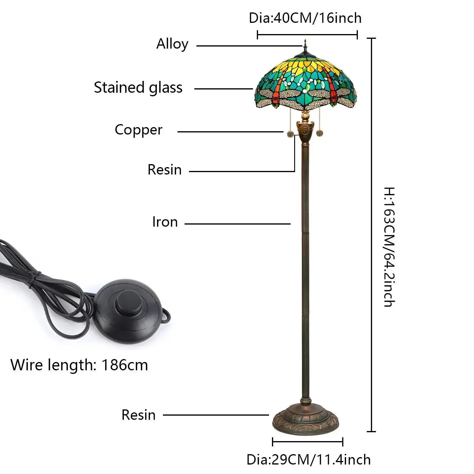 Dia40cm Tiffany Green Dragonfly Lampshade Antique Stained Glass Floor Lamps Classical Tiffany Lamp
