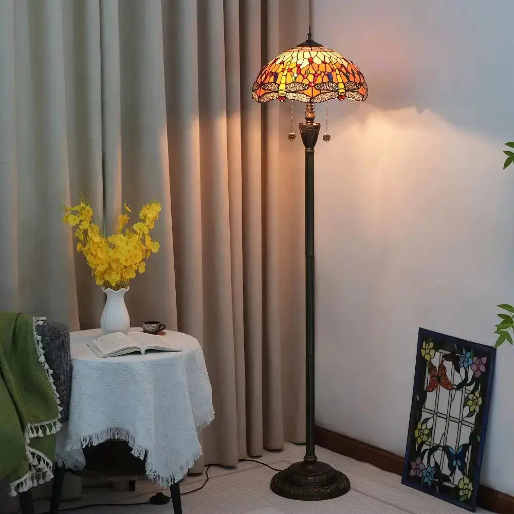 Dia40cm Tiffany Stained Glass Orange Lampshade Vintage Dragonfly Floor Lamp Classical Tiffany Lamp