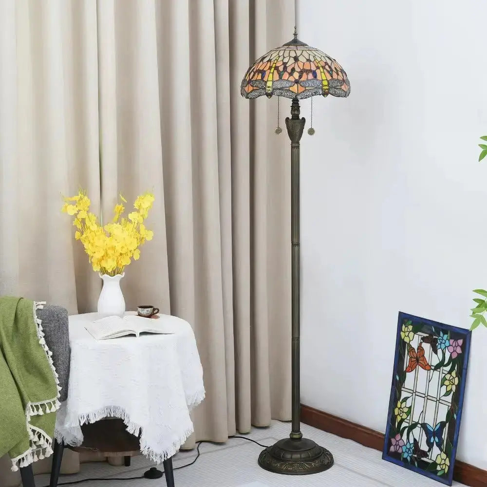 Dia40cm Tiffany Stained Glass Orange Lampshade Vintage Dragonfly Floor Lamp Classical Tiffany Lamp