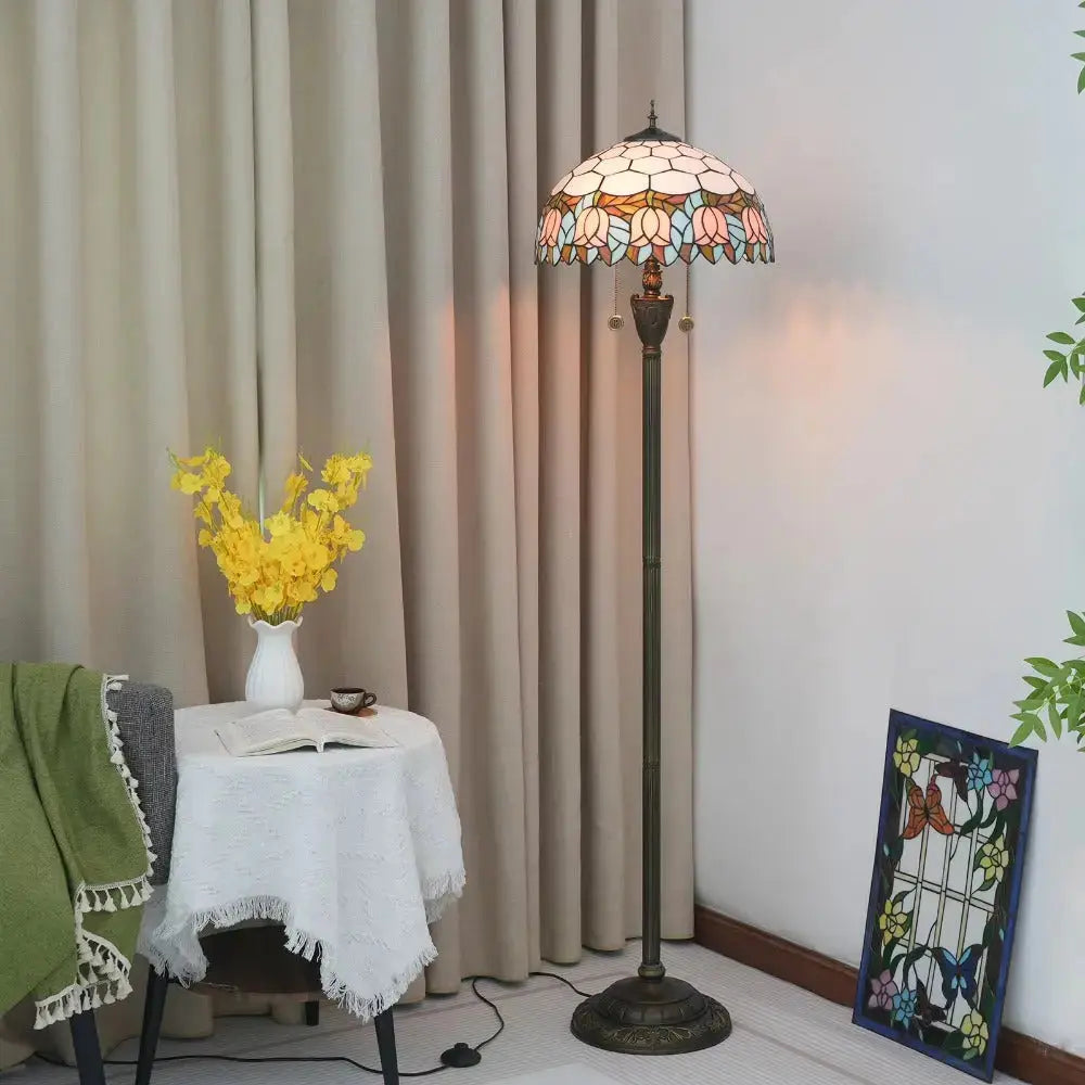 Dia40cm Pink Tulip Art Lampshade Tiffany Stained Glass Floor Lamp Classical Tiffany Lamp
