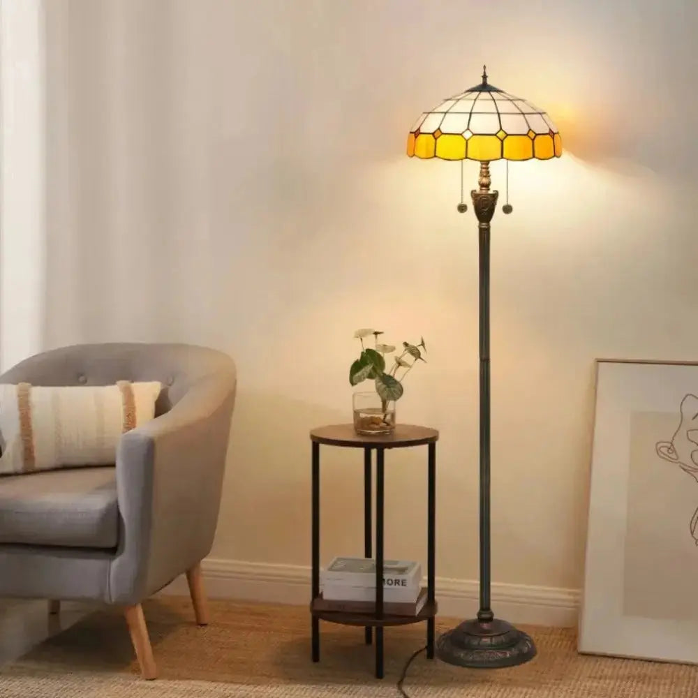 Dia40cm Yellow White Plaid Art Lampshade Tiffany Stained Glass Floor Lamp Classical Tiffany Lamp
