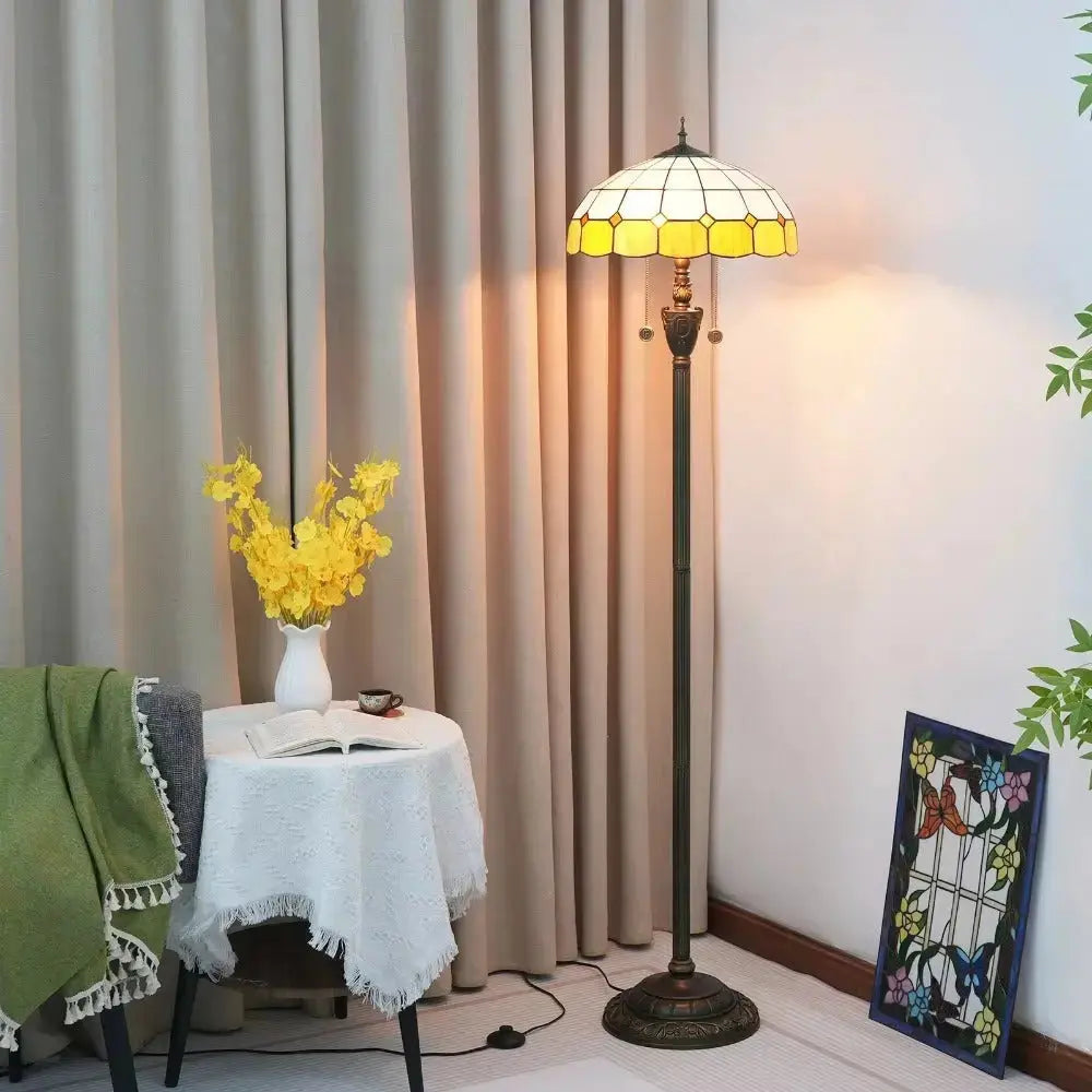 Dia40cm Yellow White Plaid Art Lampshade Tiffany Stained Glass Floor Lamp Classical Tiffany Lamp