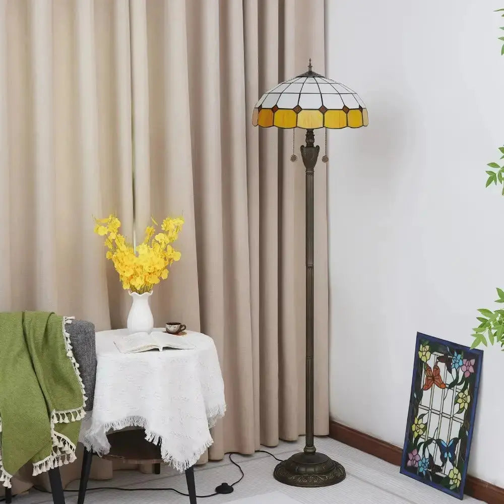 Dia40cm Yellow White Plaid Art Lampshade Tiffany Stained Glass Floor Lamp Classical Tiffany Lamp