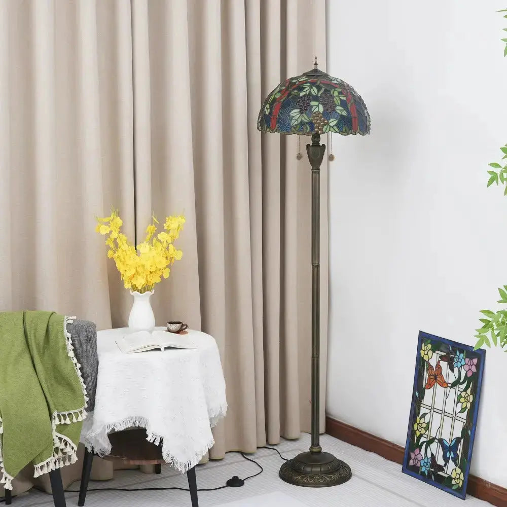 Dia43cm Stained Glass Grape Fruit Art Lampshade Tiffany Standing Floor Lamp Classical Tiffany Lamp