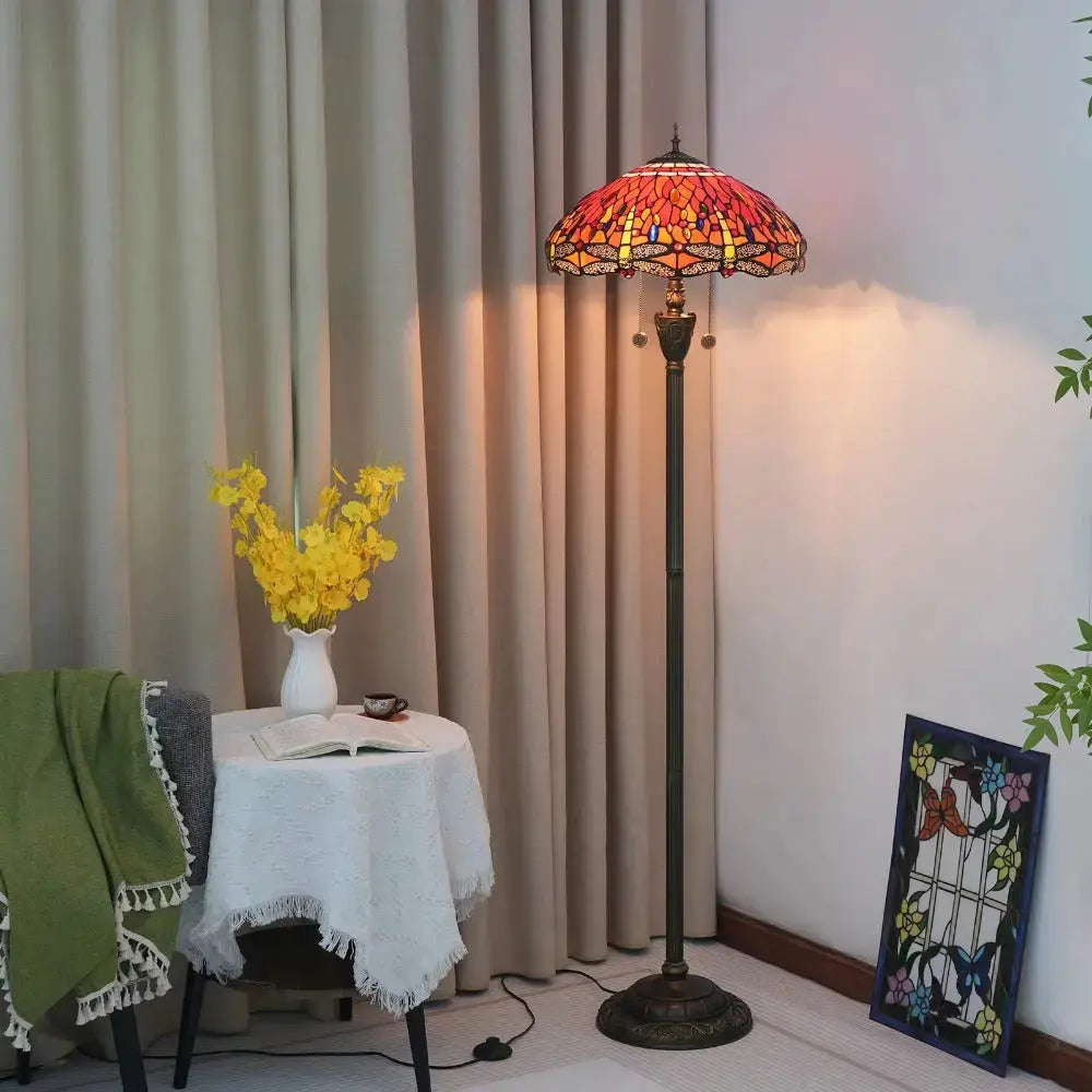 Dia45cm Stained Glass Red Dragonfly Lampshade Vintage Tiffany Floor Lamps for Sale Classical Tiffany Lamp