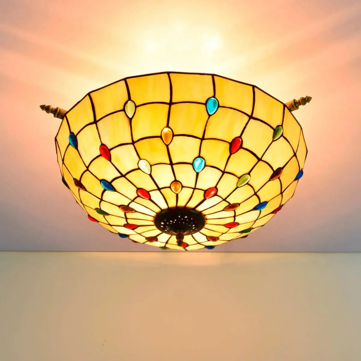Dia55cm Stained Glass Beads Lampshade Large Yellow Tiffany Lamp Ceiling Light Classical Tiffany Lamp