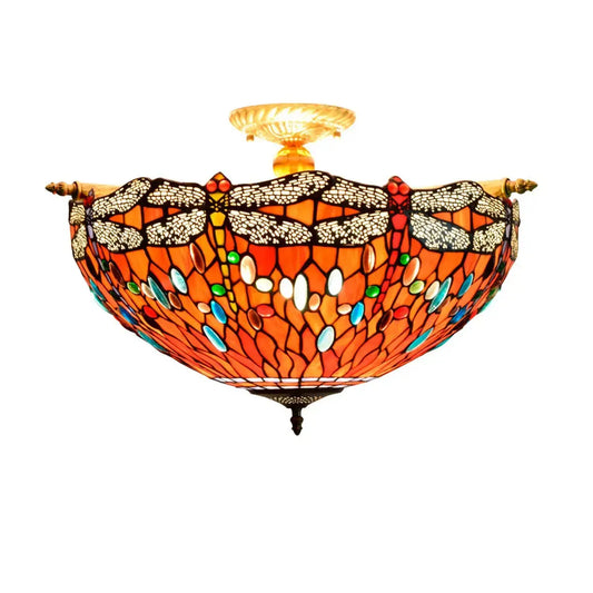 Dia55cm Stained Glass Colorful Dragonfly Floral Lampshade Large Tiffany Ceiling Lamp Classical Tiffany Lamp