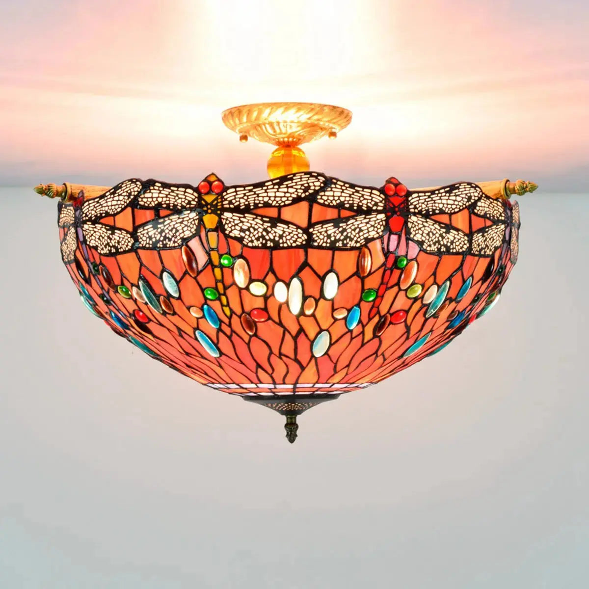 Dia55cm Stained Glass Colorful Dragonfly Floral Lampshade Large Tiffany Ceiling Lamp Classical Tiffany Lamp