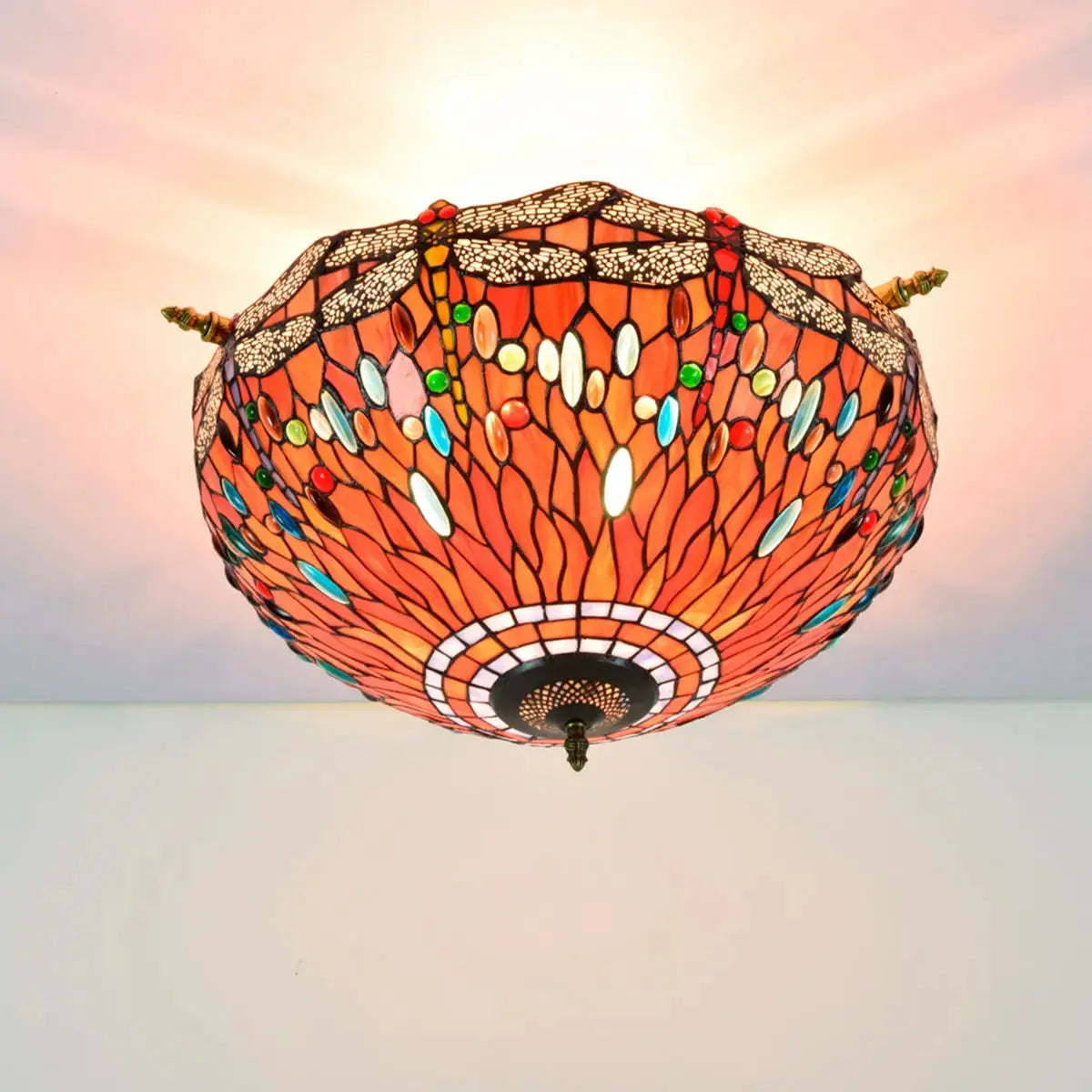 Dia55cm Stained Glass Colorful Dragonfly Floral Lampshade Large Tiffany Ceiling Lamp Classical Tiffany Lamp