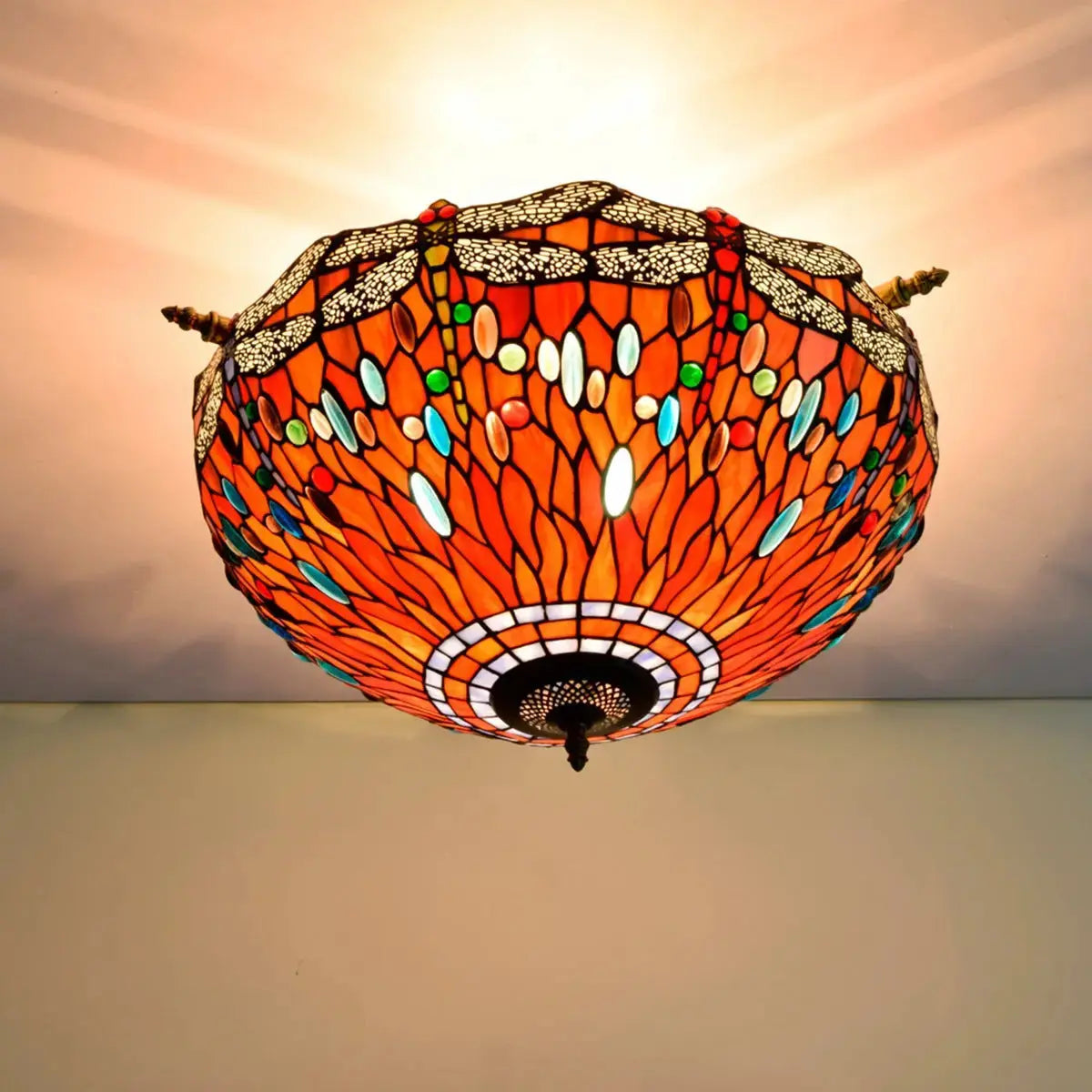 Dia55cm Stained Glass Colorful Dragonfly Floral Lampshade Large Tiffany Ceiling Lamp Classical Tiffany Lamp