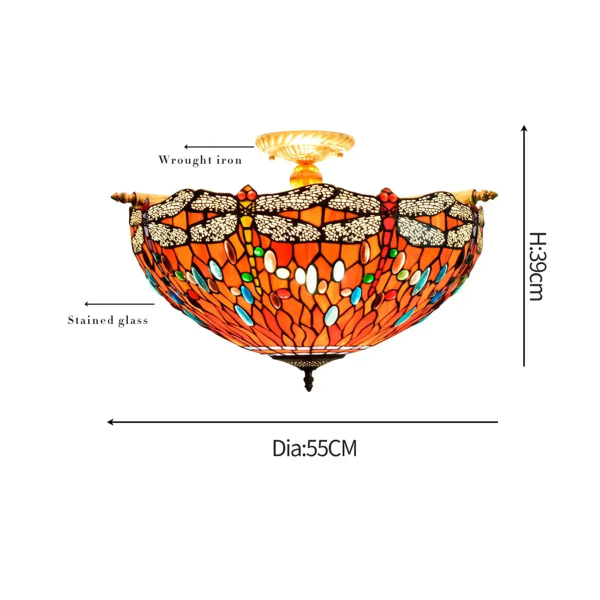 Dia55cm Stained Glass Colorful Dragonfly Floral Lampshade Large Tiffany Ceiling Lamp Classical Tiffany Lamp