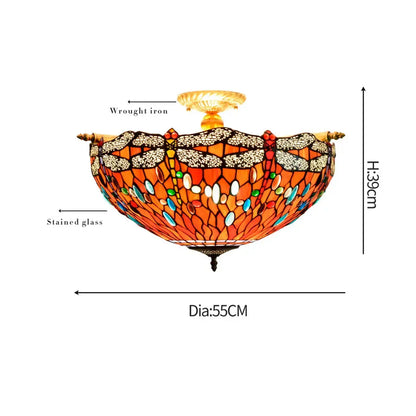 Dia55cm Stained Glass Colorful Dragonfly Floral Lampshade Large Tiffany Ceiling Lamp Classical Tiffany Lamp