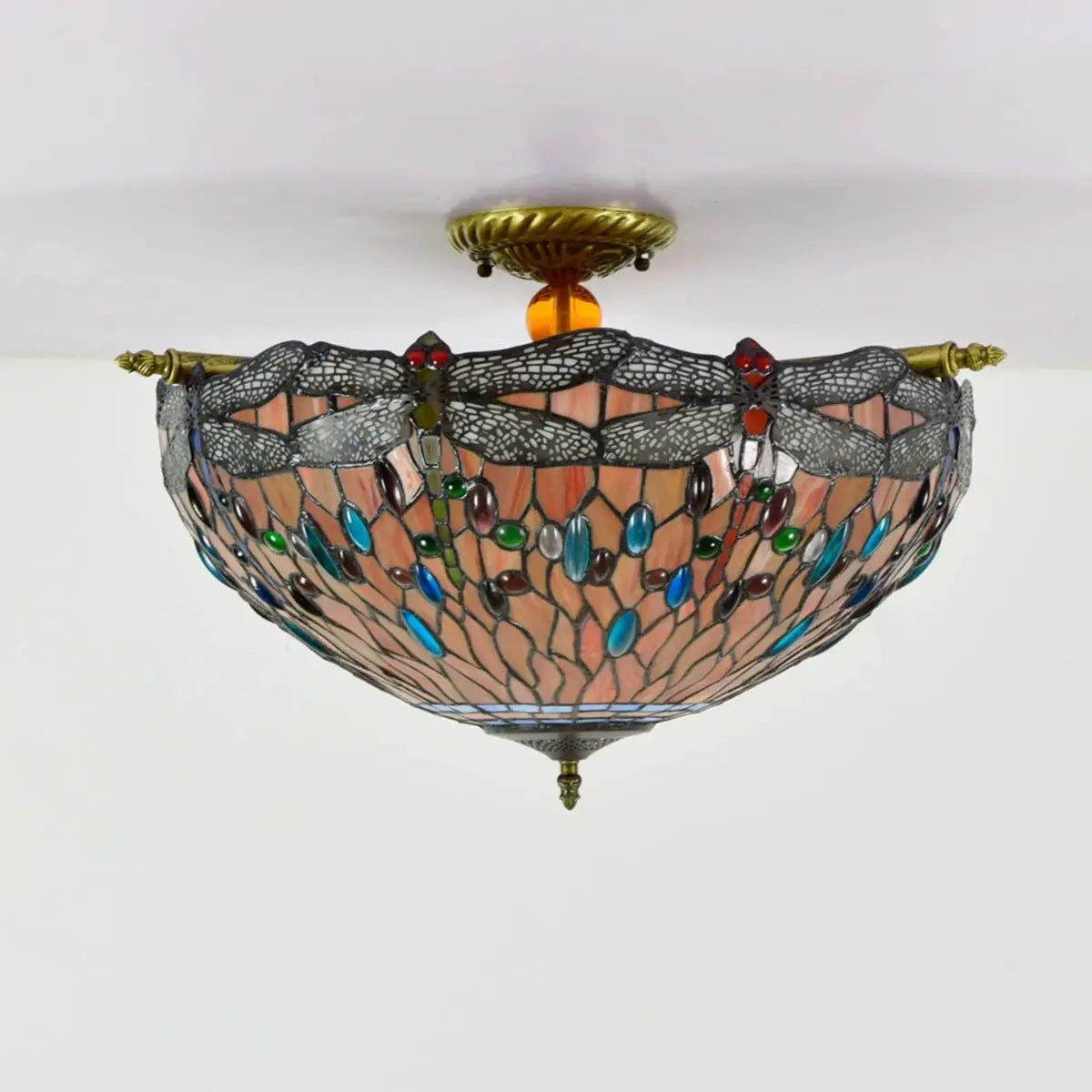 Dia55cm Stained Glass Colorful Dragonfly Floral Lampshade Large Tiffany Ceiling Lamp Classical Tiffany Lamp