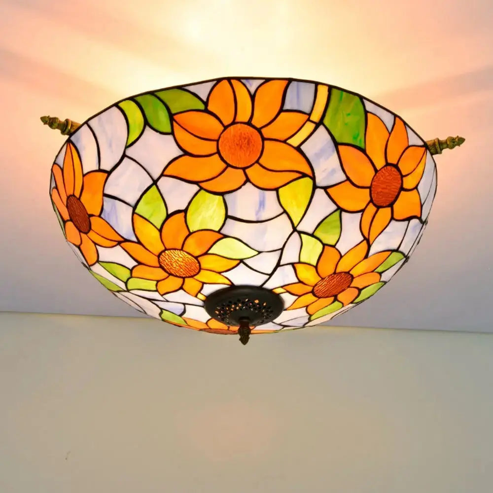 Dia55cm Stained Glass Colorful Sunflower Floral Lampshade Large Tiffany Style Ceiling Light Classical Tiffany Lamp