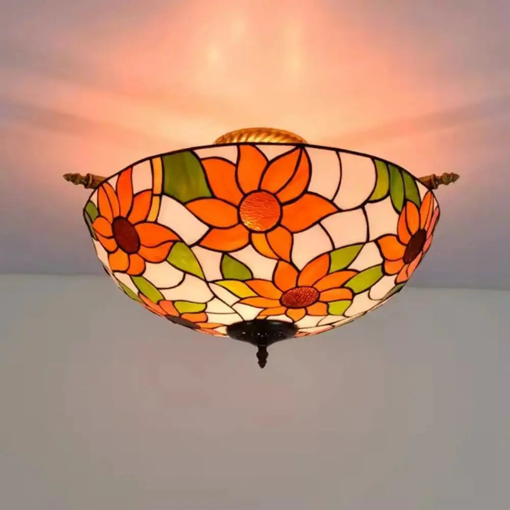 Dia55cm Stained Glass Colorful Sunflower Floral Lampshade Large Tiffany Style Ceiling Light Classical Tiffany Lamp