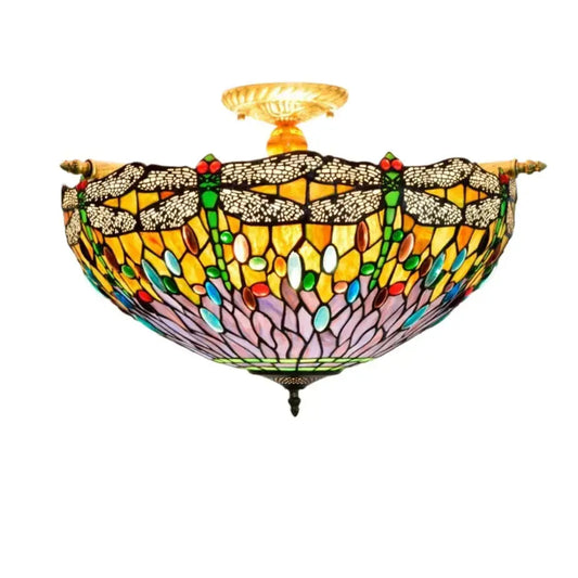 Dia55cm Stained Glass Dragonfly Lampshade Tiffany Style Flush Mount Ceiling Light Classical Tiffany Lamp