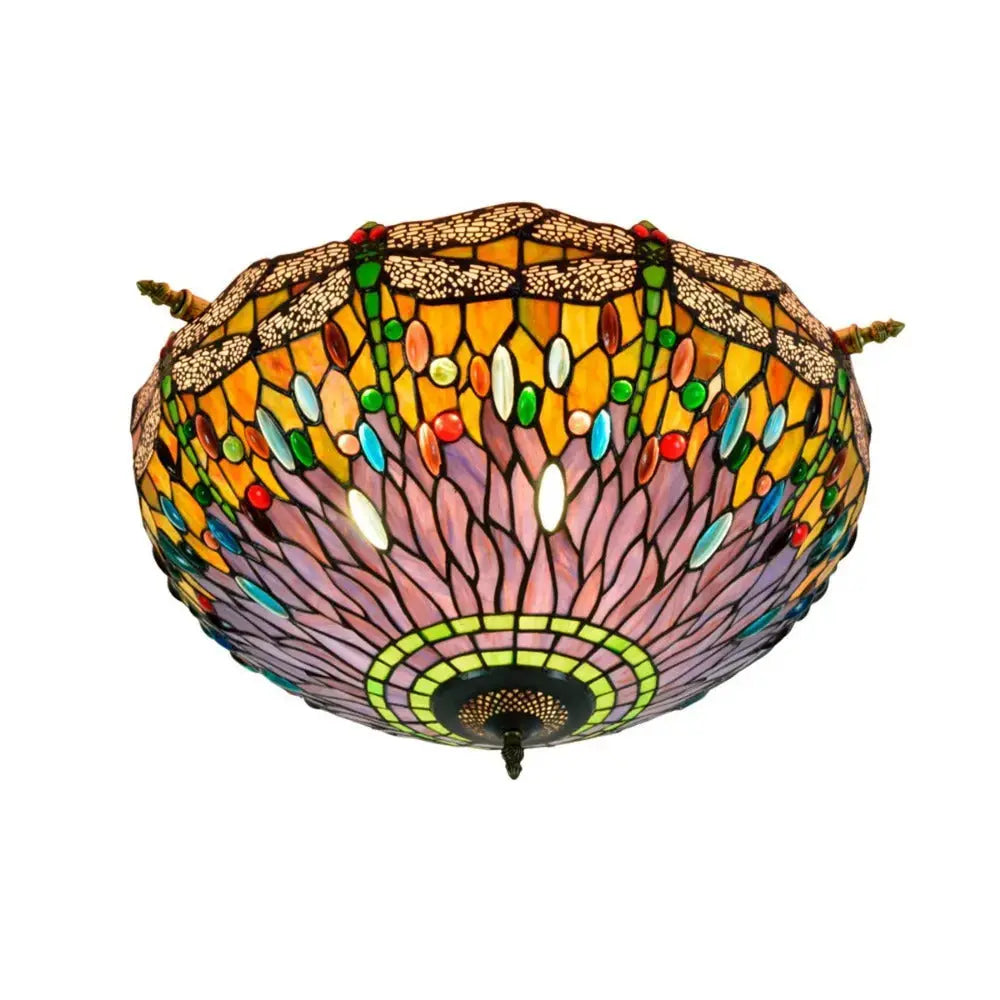 Dia55cm Stained Glass Dragonfly Lampshade Tiffany Style Flush Mount Ceiling Light Classical Tiffany Lamp