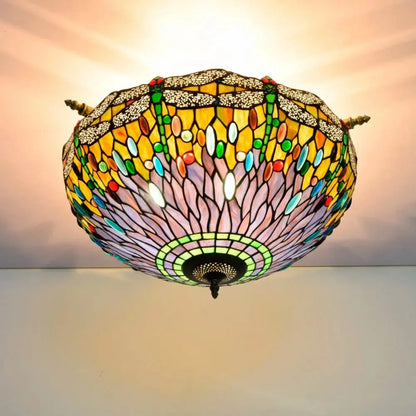 Dia55cm Stained Glass Dragonfly Lampshade Tiffany Style Flush Mount Ceiling Light Classical Tiffany Lamp