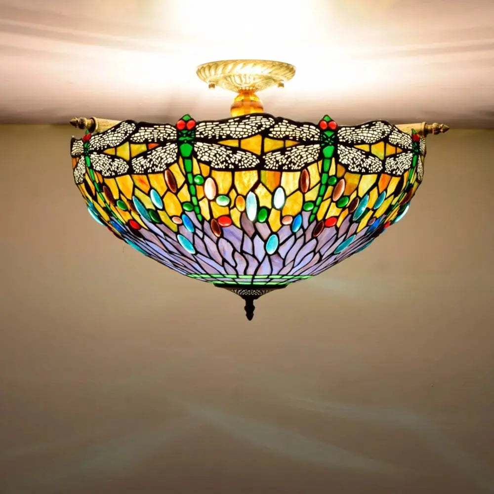 Dia55cm Stained Glass Dragonfly Lampshade Tiffany Style Flush Mount Ceiling Light Classical Tiffany Lamp