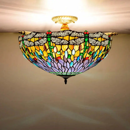 Dia55cm Stained Glass Dragonfly Lampshade Tiffany Style Flush Mount Ceiling Light Classical Tiffany Lamp