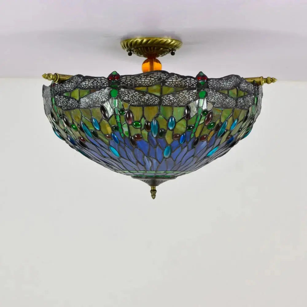 Dia55cm Stained Glass Dragonfly Lampshade Tiffany Style Flush Mount Ceiling Light Classical Tiffany Lamp