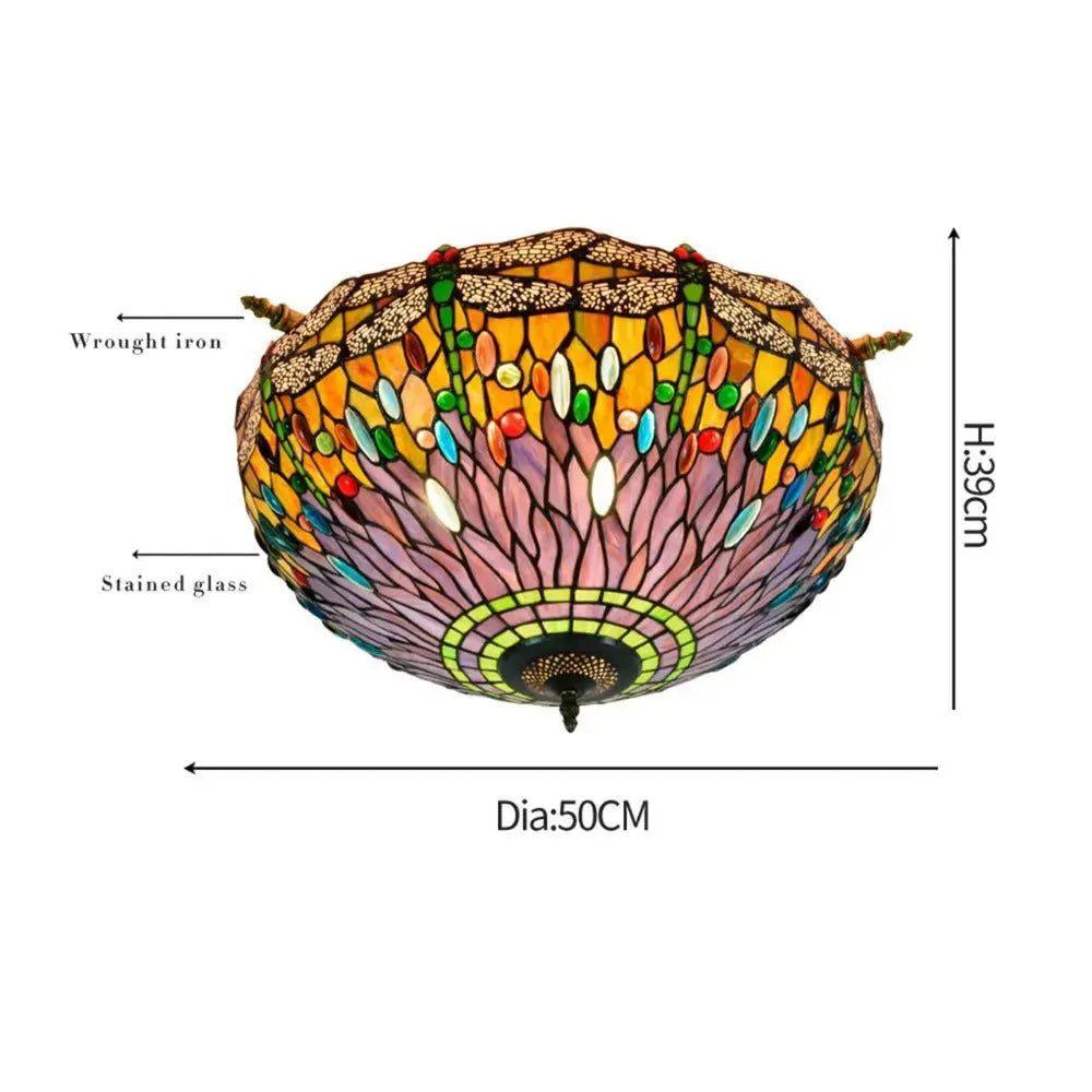 Dia55cm Stained Glass Dragonfly Lampshade Tiffany Style Flush Mount Ceiling Light Classical Tiffany Lamp