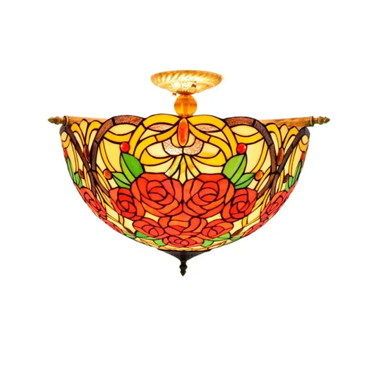 Dia55cm Vintage Stained Glass Rose Lampshade Tiffany Flush Mount Ceiling Light Classical Tiffany Lamp