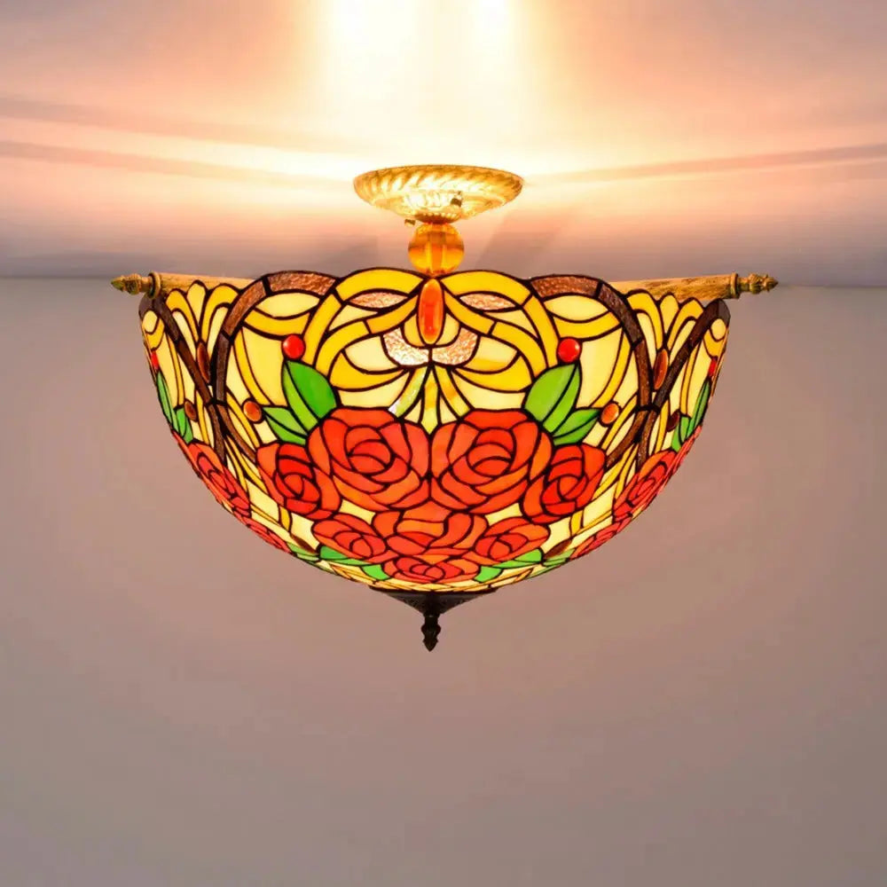Dia55cm Vintage Stained Glass Rose Lampshade Tiffany Flush Mount Ceiling Light Classical Tiffany Lamp