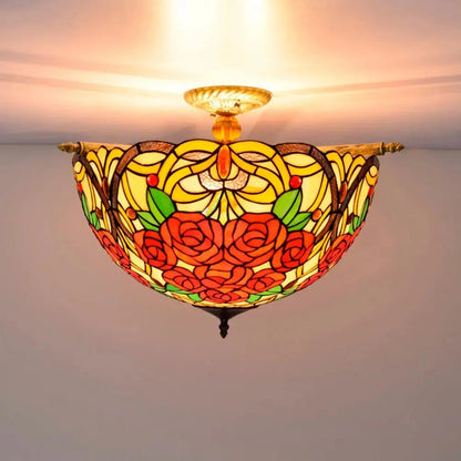 Dia55cm Vintage Stained Glass Rose Lampshade Tiffany Flush Mount Ceiling Light Classical Tiffany Lamp