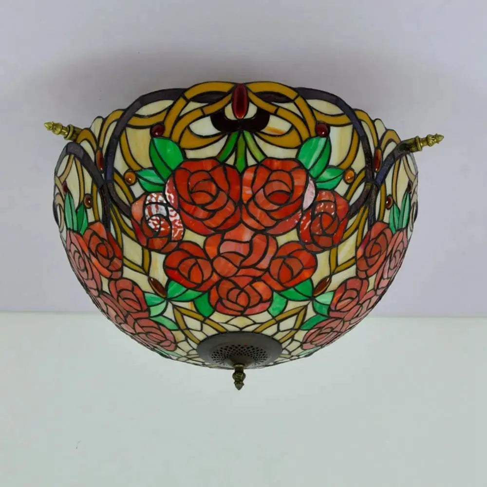 Dia55cm Vintage Stained Glass Rose Lampshade Tiffany Flush Mount Ceiling Light Classical Tiffany Lamp