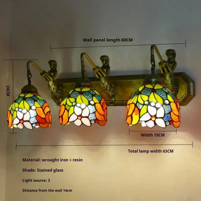 Handmade Stained Glass Bicolor Rose Flower Three Light Sconce Tiffany Wall Lamp Classical Tiffany Lamp